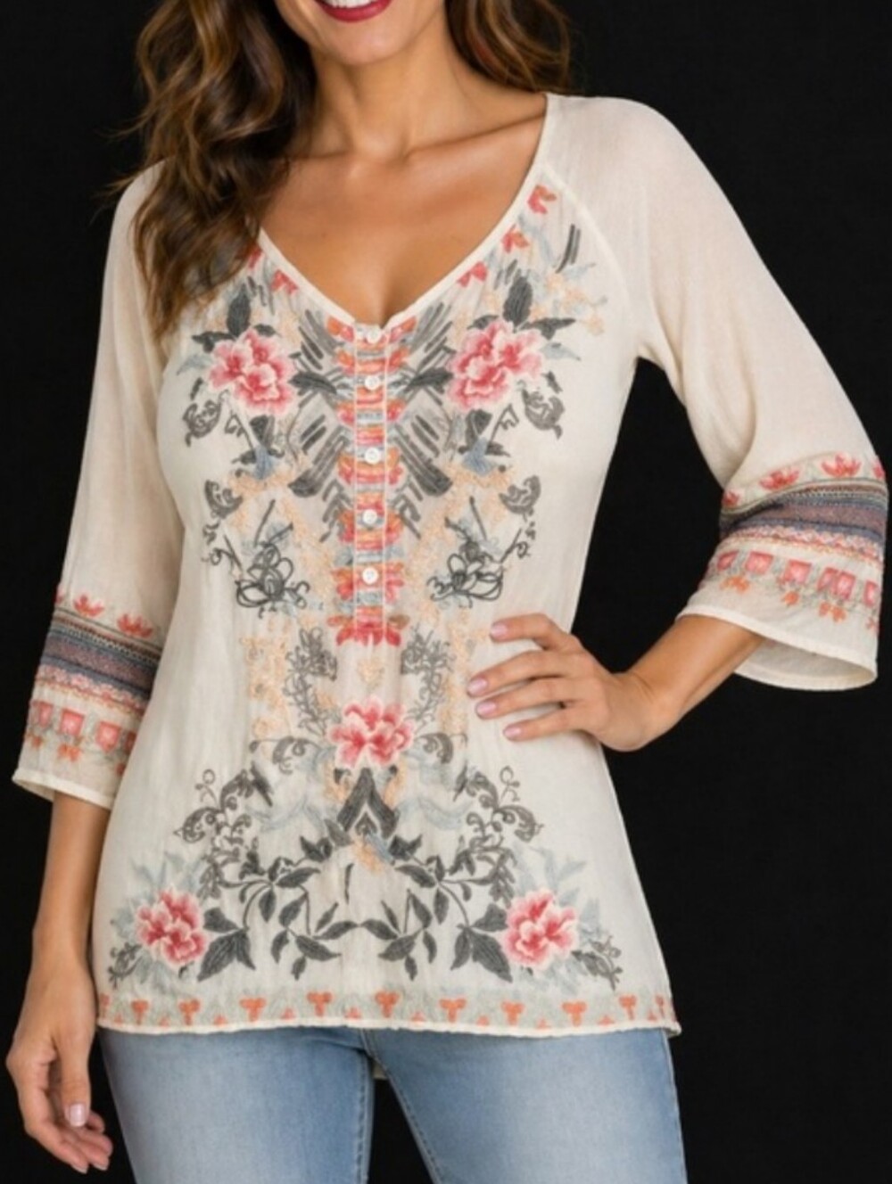 Johnny Was Cream Embroidered Floral Scoop-Neck Tunic Top Size Small EUC